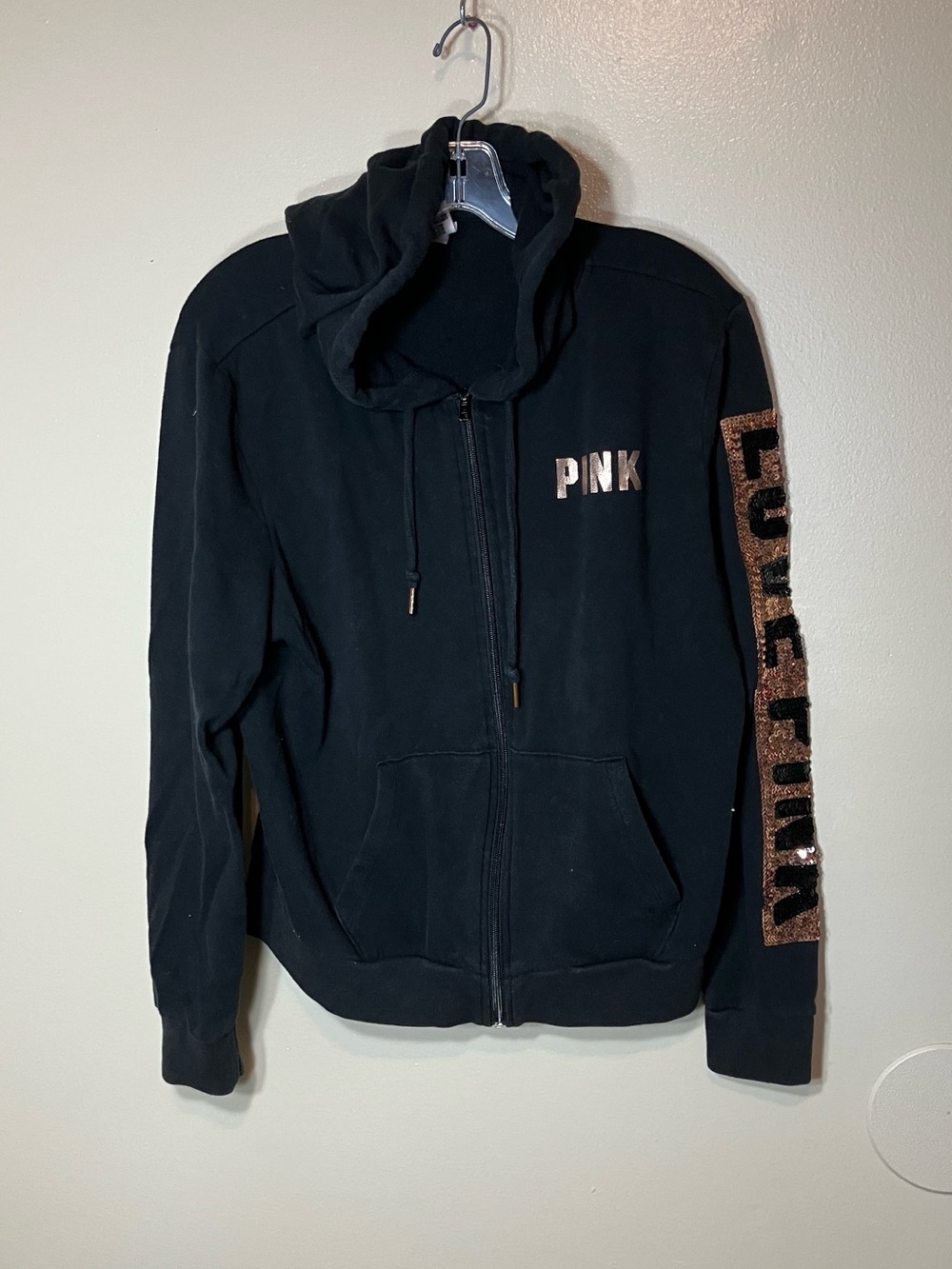 PINK Victoria's Secret Black Zip Hoodie with Rose Gold Sequin Lettering